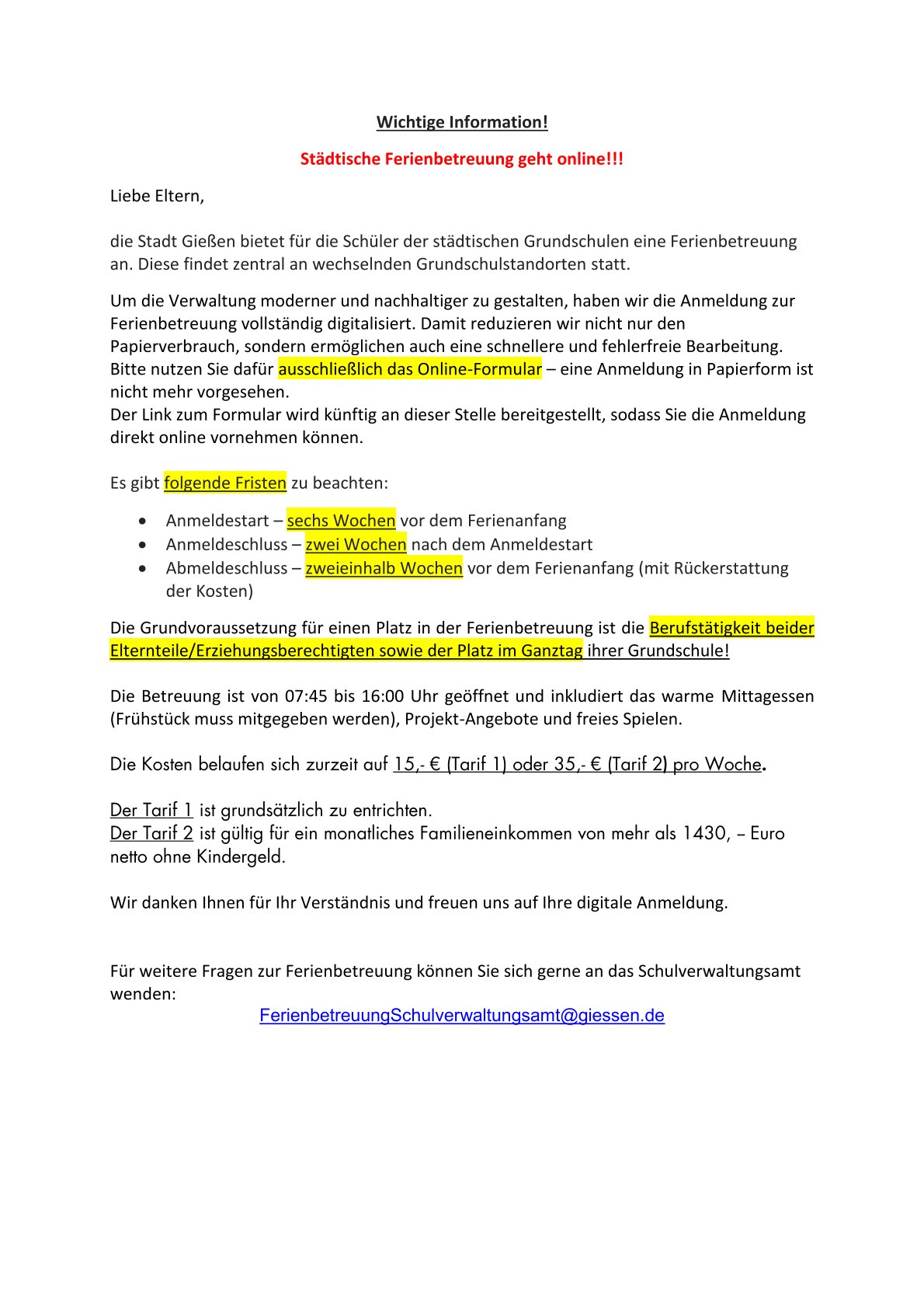 Allgemeininformation Ferienbetreuung